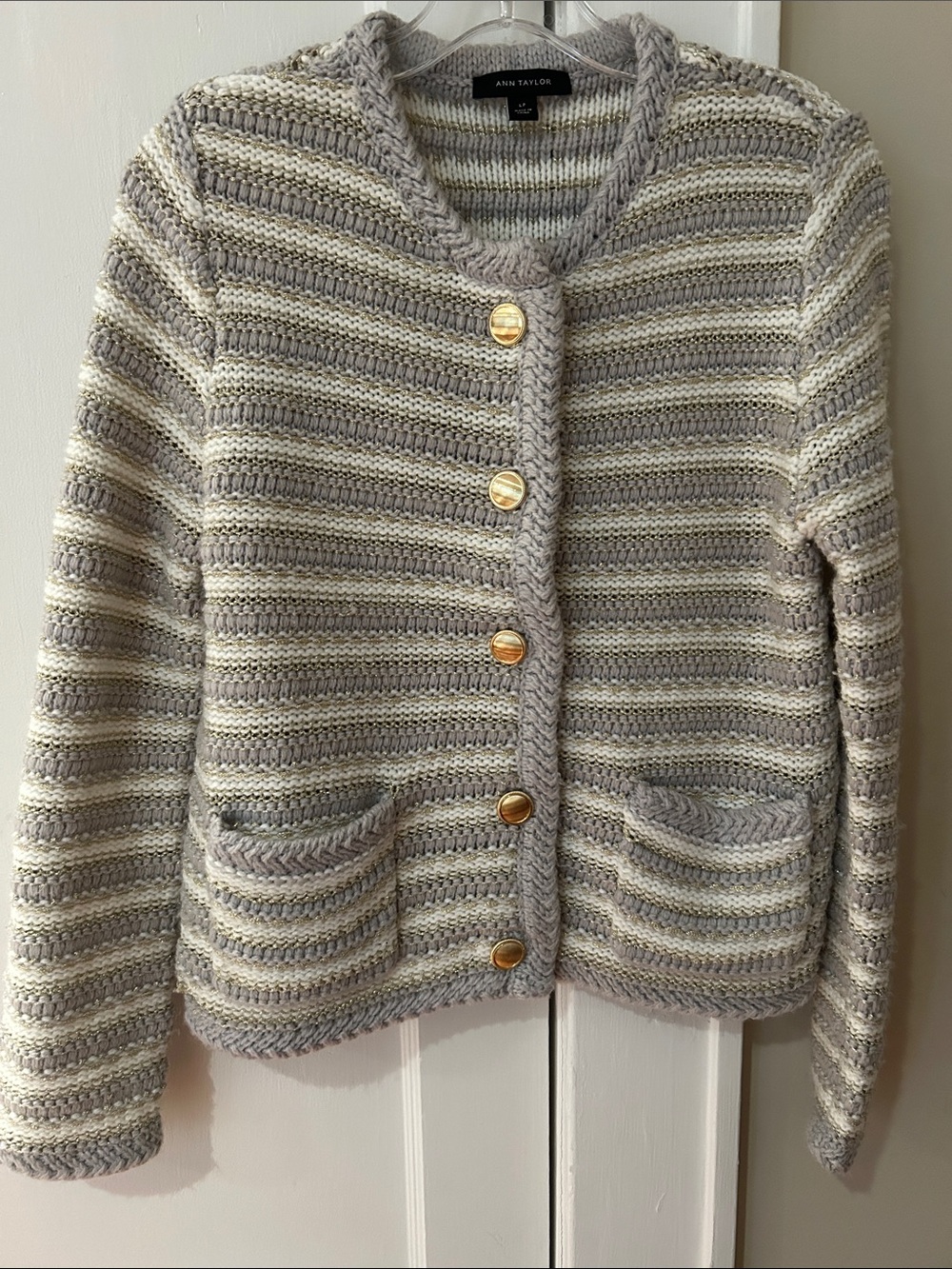 Ann Taylor Cream and Light Gray Striped Knit Cardigan with Gold Buttons